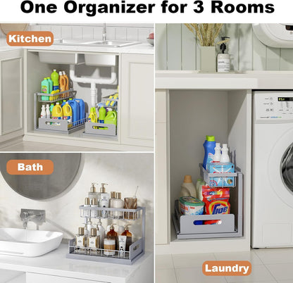 REALINN Under Sink Organizer, Pull Out Cabinet Organizer, 2 Tier Metal Slide Out Shelf with L Shaped Design for Kitchen, Bathroom, Laundry, and Utility Cabinet Storage for Deep Cabinets, White, 2 Pack