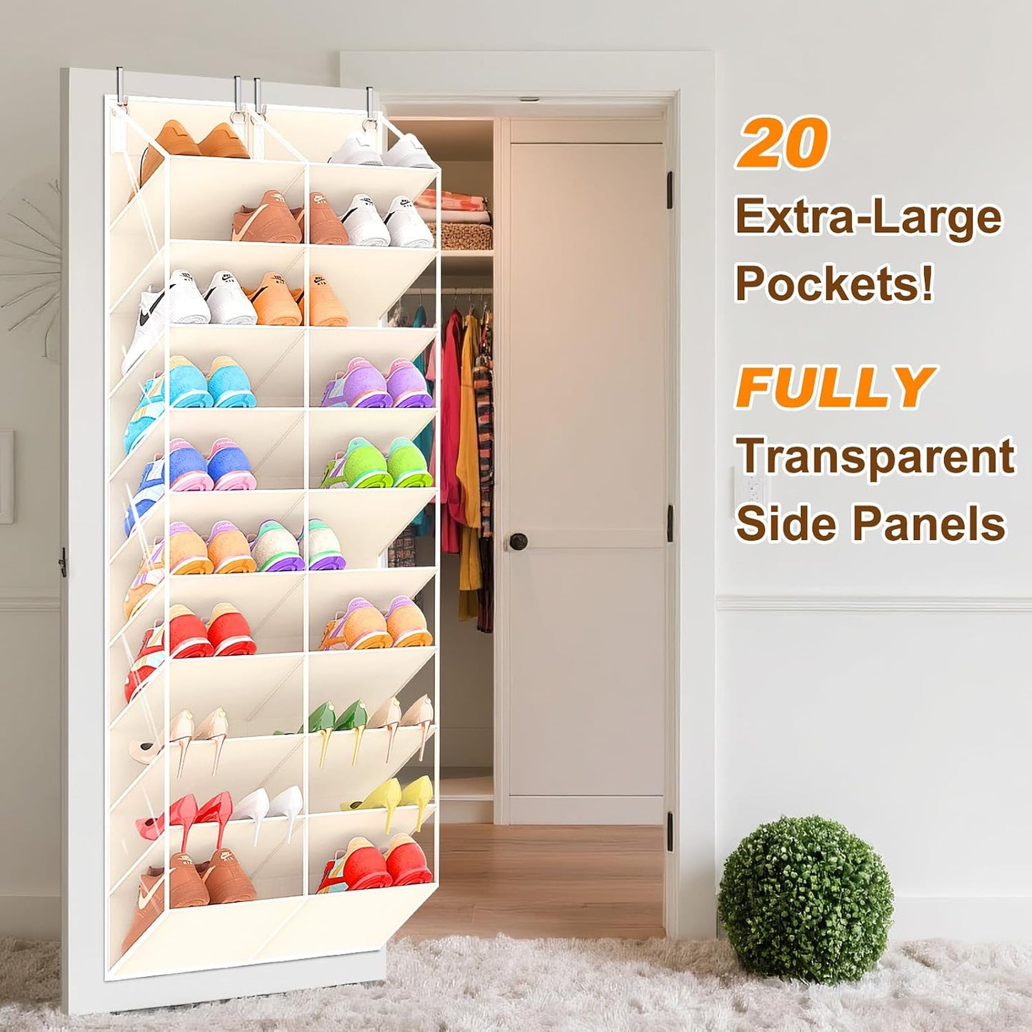 UVIAHOMI 20-30 Pairs Over the Door Shoe Organizer, Clear Pockets Hanging Shoe Storage for Closet, 10-Tier Door Shoes Rack, Handing Shoes Holder Fit All the Family's Sneakers, Boots, Heels, White
