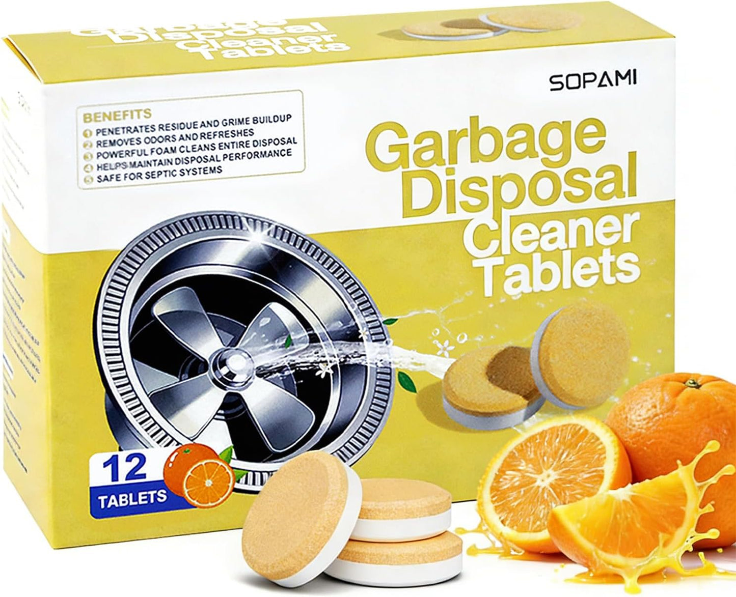SOPAMI Garbage Disposal Cleaner Deodorizer Tablets 12 Pack 1 Year Supply | Powerful XL Foaming Sink Garburator Disposer Freshener, Natural Kitchen Drain Cleaning Care with Fresh Citrus Scent