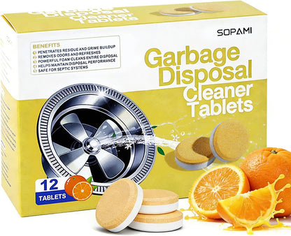 SOPAMI Garbage Disposal Cleaner Deodorizer Tablets 12 Pack 1 Year Supply | Powerful XL Foaming Sink Garburator Disposer Freshener, Natural Kitchen Drain Cleaning Care with Fresh Citrus Scent