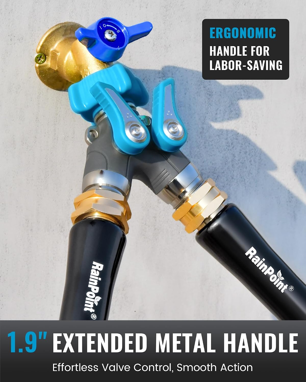 RAINPOINT 2 Way Garden Hose Splitter | Heavy Duty Water Spigot Splitter with Shutoff Valves, 100% Metal Body, 1.9" Extra Long Metal Handle, 3/4" GHT Thread