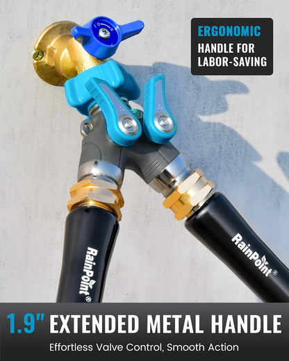 RAINPOINT 2 Way Garden Hose Splitter | Heavy Duty Water Spigot Splitter with Shutoff Valves, 100% Metal Body, 1.9" Extra Long Metal Handle, 3/4" GHT Thread
