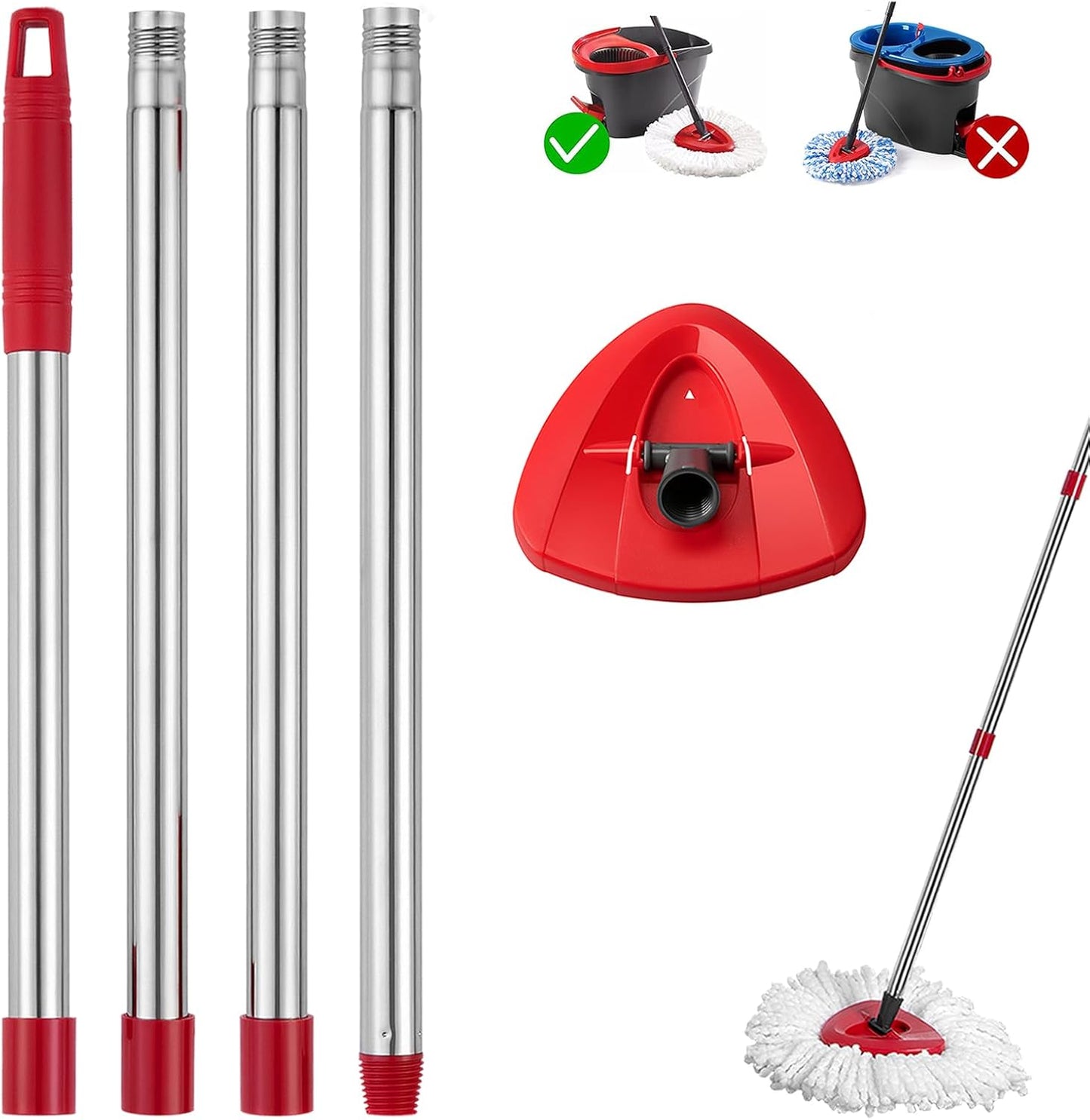 Mop Handle Compatible with O-Cedar EasyWring Spin System, Spin Mop Replacement Handle & Base, 4-Section Stainless Steel Mop Stick Pole & Base
