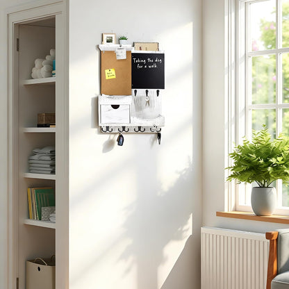 Key Holder for Wall Mount with Shelf and Mail Organizer, Key and Mail Holder with 16 Hooks, Farmhouse Entryway Organizer, Home Decor Rack (Pine Wood, Black)