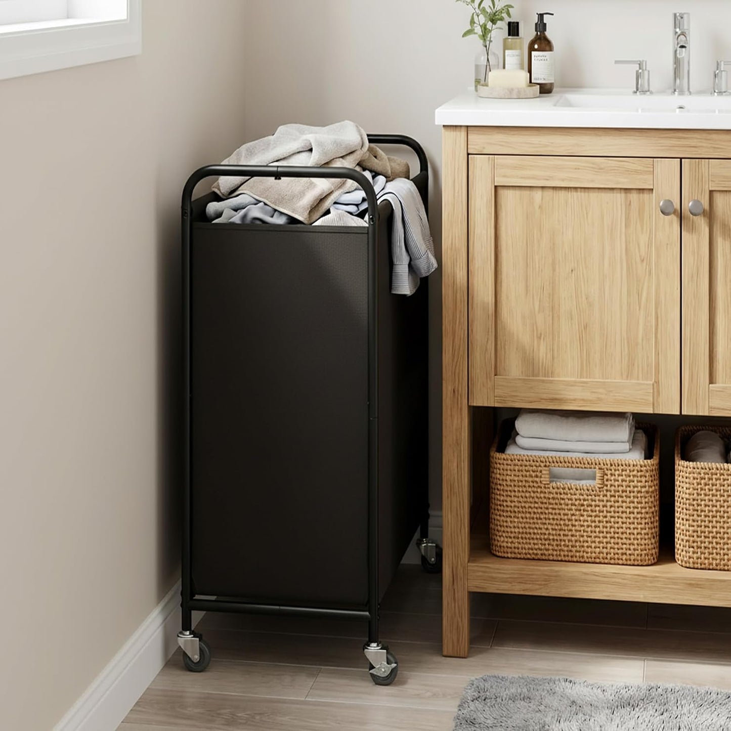 GRANNY SAYS 2 Section 130L Laundry Sorter, Large Laundry Hamper Basket with Wheels and Handles, Durable and Sturdy Rolling Cart for Laundry Room, Hotel, Bedroom, Beige