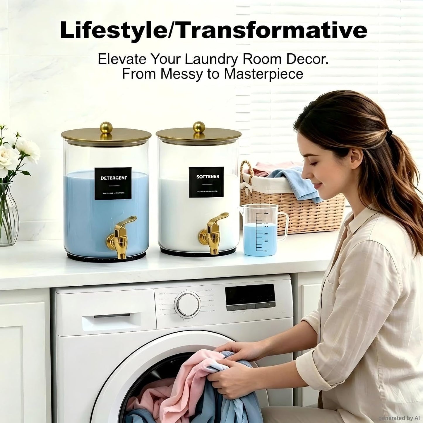 Glass Laundry Detergent Dispenser,1 Gallon Large Liquid Soap 2 Pack(Gold) | Complete borosilicate jars set with leakproof spigots, protective silicone mats, minimalist labels, and dosing cups