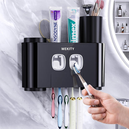 Toothbrush Holder Wall Mounted, WEKITY Multi-Functional Toothbrush and Toothpaste Dispenser for Bathroom, with 5 Toothbrush Slots, 2 Toothpaste Squeezers and 4 Cups(Grey)