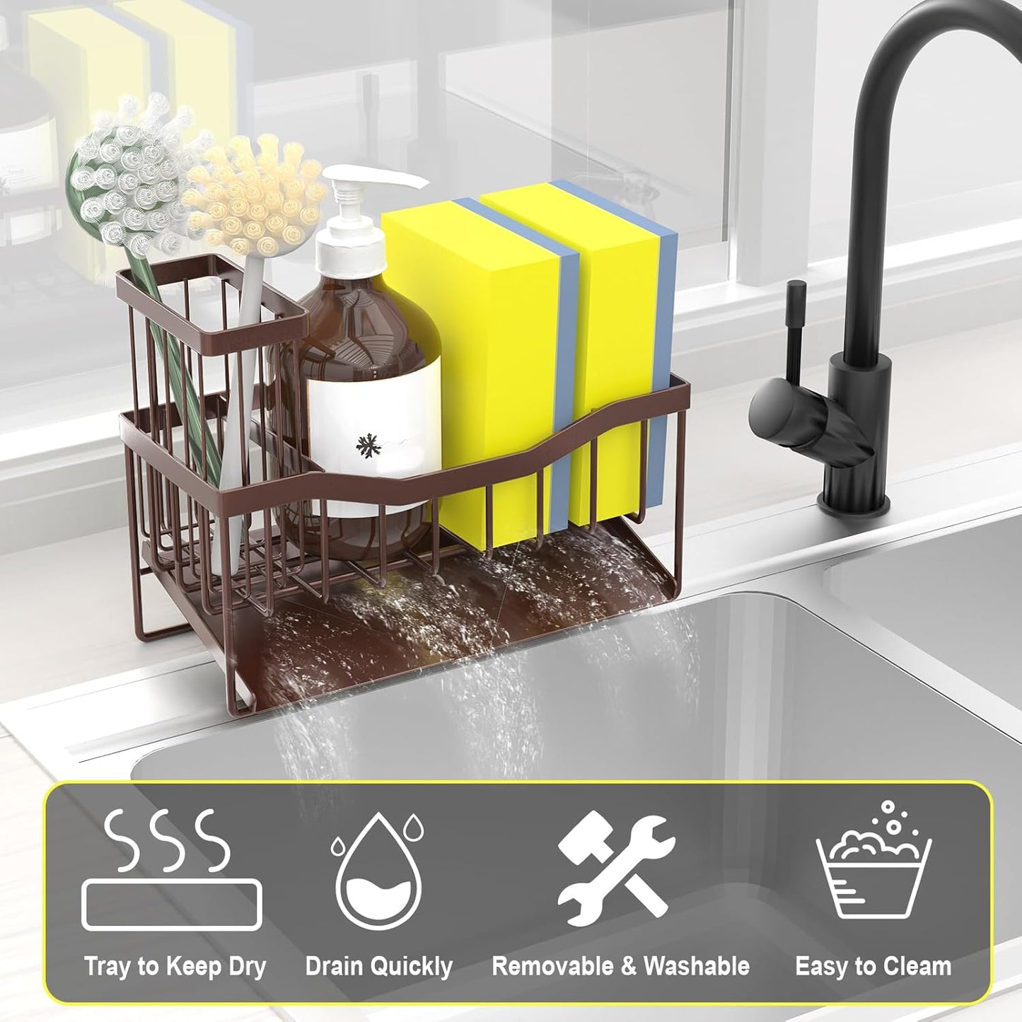 Maifan Sink Caddy Sponge Holder for Kitchen with Brush Holder and Stainless Steel Self Drain Tray, Rustproof Kitchen Sink Organizer for Sponge, Soap Dispenser Storage Accessories (Lacquer Silver)
