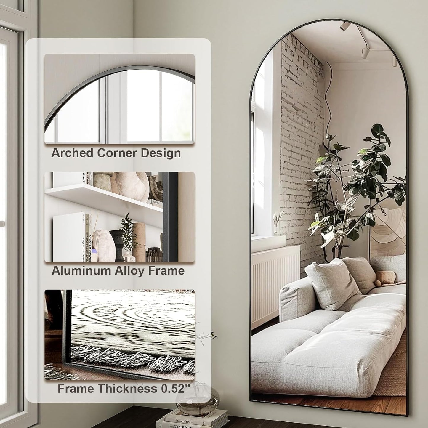 HARRITPURE 64"x21" Arched Full Length Mirror Free Standing Leaning Hanging Mounted Mirror Aluminum Frame Modern Simple Home Decor for Living Room Bedroom Cloakroom, Gold