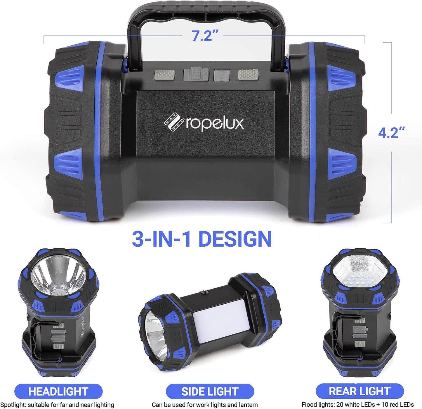Led Camping Lantern Rechargeable, Camping Flashlight 1500LM, 8 Light Modes, Camping Lights 4800 Capacity, Portable Bright Flash Light for Emergencies, Power Outages, Hurricane, Hiking (Blue 1PACK).