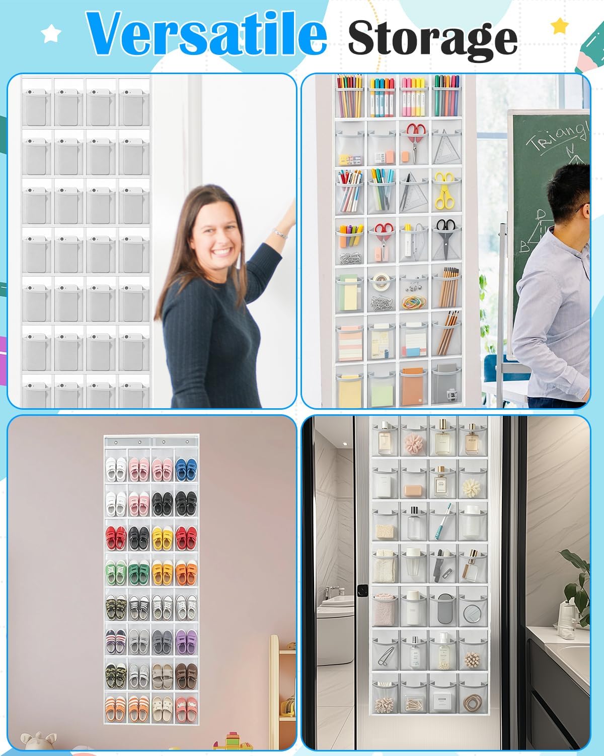 Classroom Headphone Storage Organizer with 28 Large Pockets and 100 Labels | Fabric Durable Classroom Pocket Chart Over The Door Hanging Headphone Holder Bag School Supplies Teacher Essentials, Grey