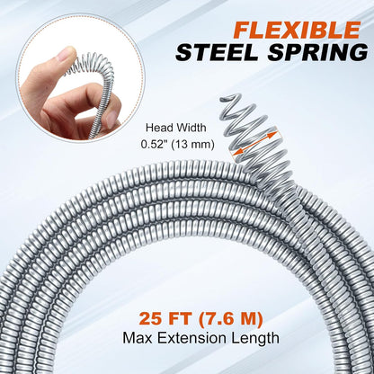 Auto-Feed Drain Snake Auger 25 ft with Drill Adapter, Plumbing Snake Drain Hair Removal Tool, Drain Auger Snake Hair Drain Clog Remover for Shower Kitchen Bathroom Sink, Come with Gloves