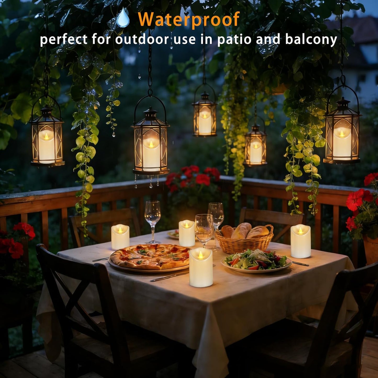 Outdoor Indoor Flameless Candles, Patented 3D Dual-LED, Set of 6 Slanted Top Durable Plastic Pillars with 2 Remotes & Timer, Non-Melting Waterproof Battery Candles for Patio Garden (Ivory)