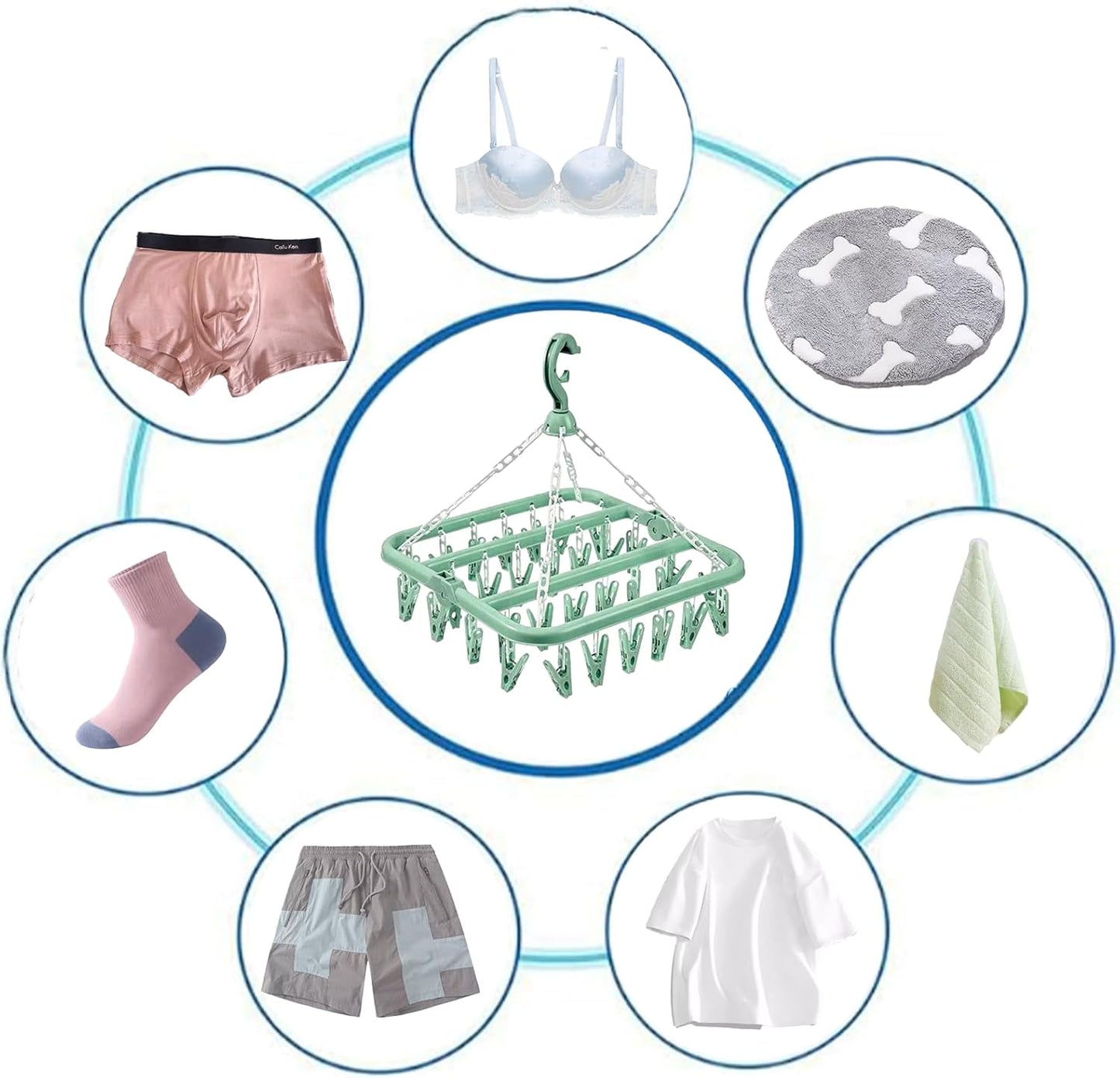 Clothes Drying Hanger with 32 Clips and Drip Foldable Hanging Rack (Light Green)