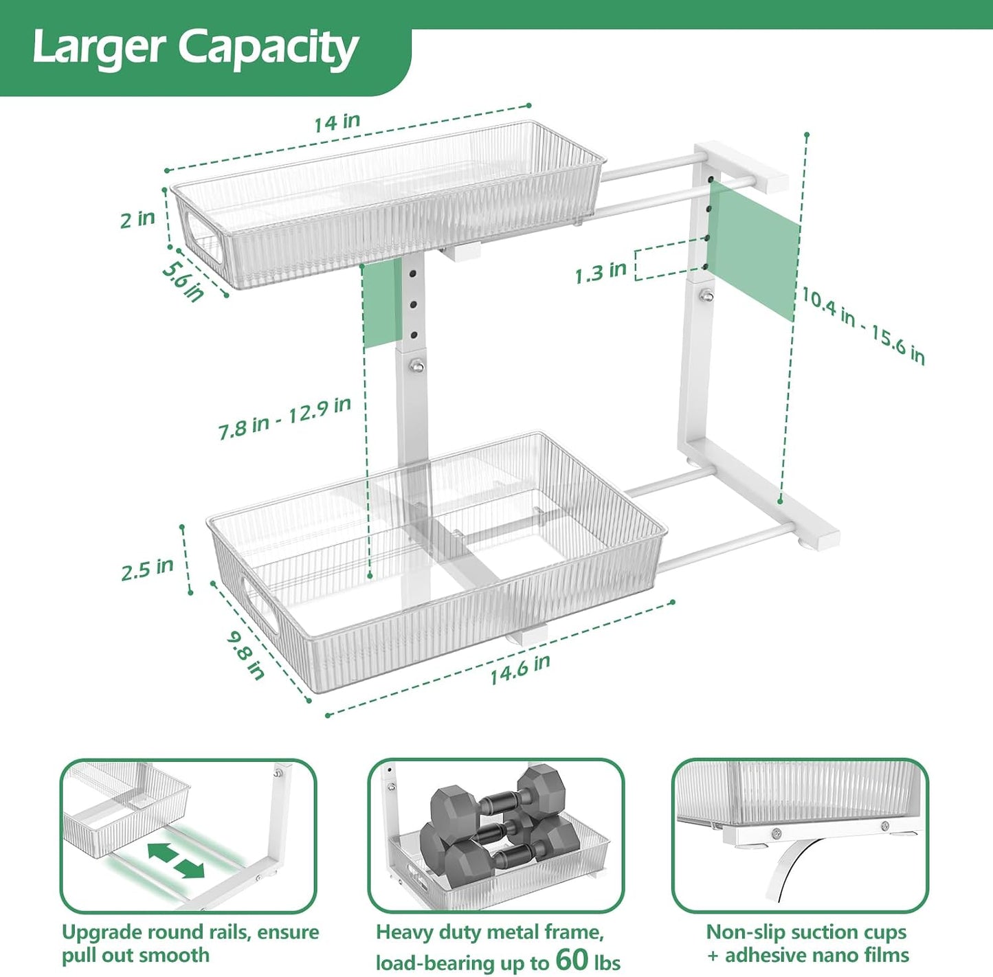 ADRIMER Under Sink Organizer 2 Packs, Pull Out Kitchen Sink Organizer, 2 Tier Slide Out Kitchen Organizers and Storage Bathroom Under Cabinet Storage Shelf, Transparent & White