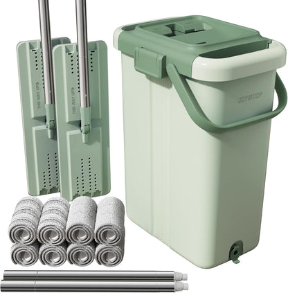 JOYMOOP Mop and Bucket Set, Flat Mops for Floor & Wall Cleaning, Commercial & Household Use, Hardwood Floor Mop with Long Handle & 4 Microfiber Pads
