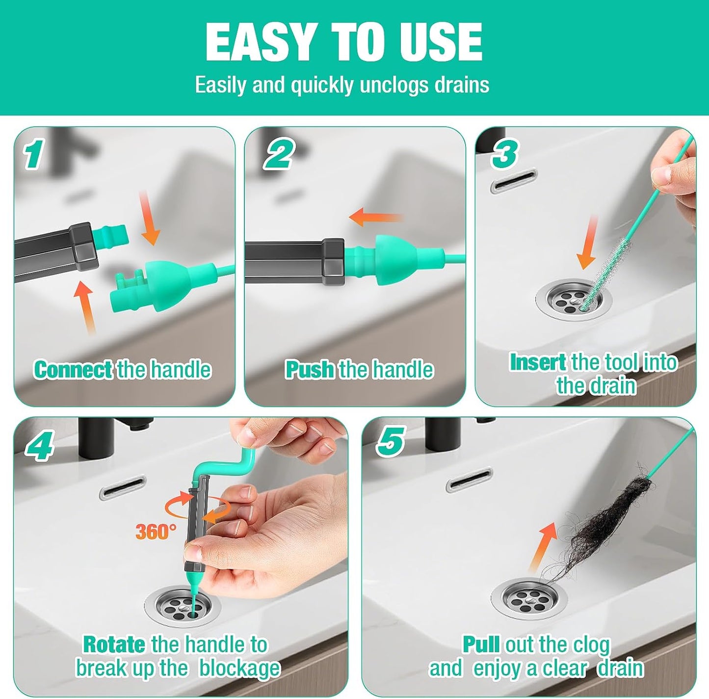 Drain Clog Remover Tool with Rotating Handle, 40 Inch Steel Wire Drain Snake, Heavy Duty Flexible Hair Drain Clog Remover for Shower, Sink, Toilet, Bathroom & Kitchen Drain Cleaner Tool(6PCS)