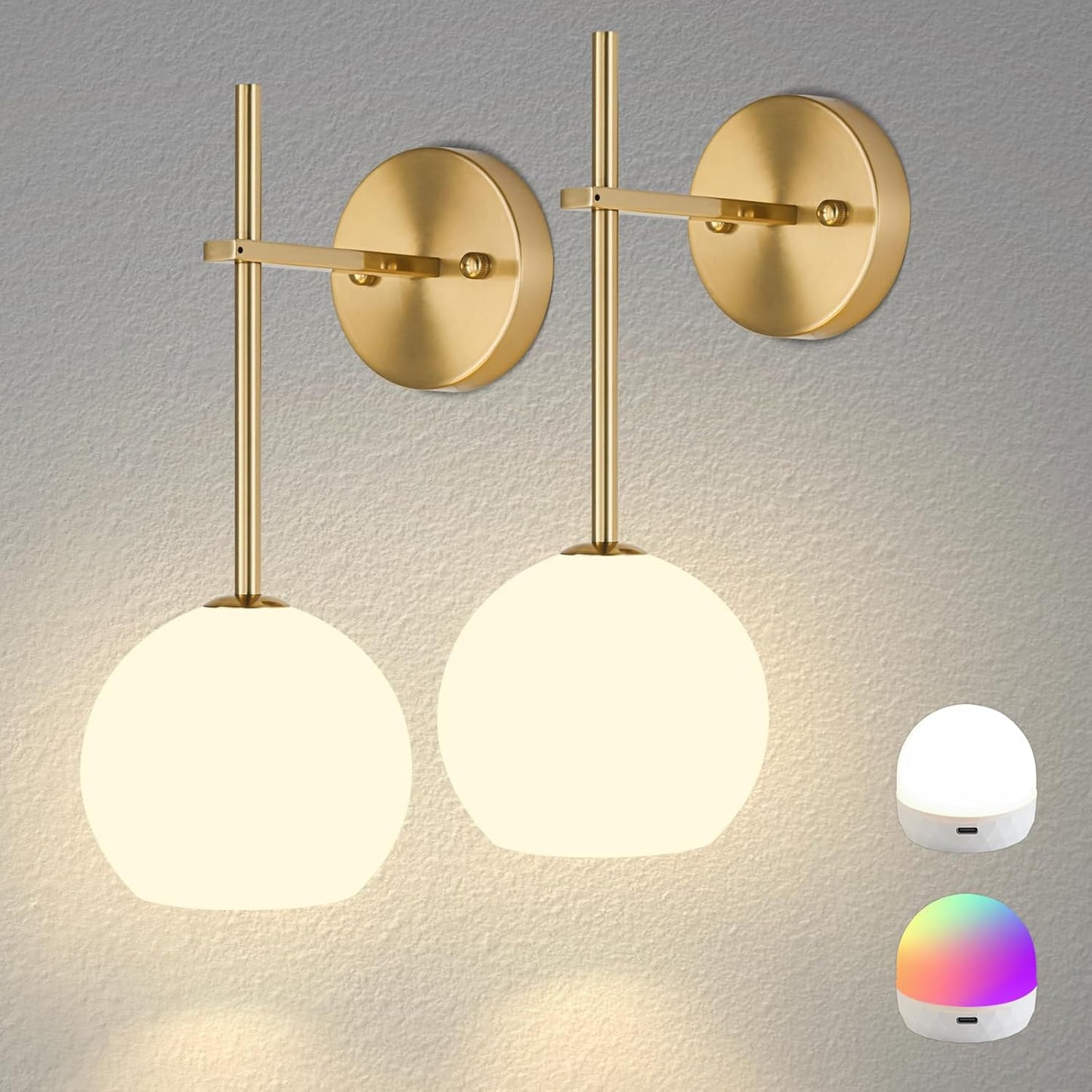 Brass Battery Operated Wall Sconces Set of 2, Rechargeable Wireless Wall Lights with Milky White Frosted Glass, 12 RGB and 3CCT Dimmable, Wall Lamps with Remote for Bedroom Living Room Hallway