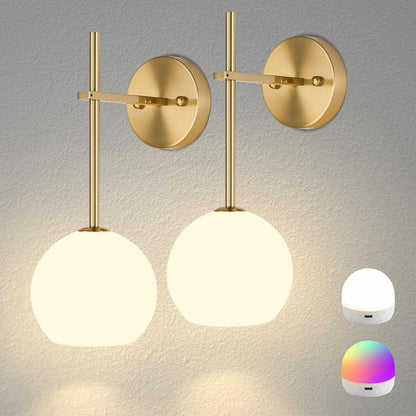 Brass Battery Operated Wall Sconces Set of 2, Rechargeable Wireless Wall Lights with Milky White Frosted Glass, 12 RGB and 3CCT Dimmable, Wall Lamps with Remote for Bedroom Living Room Hallway