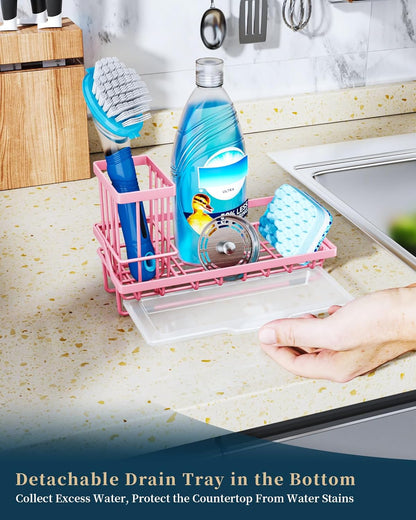 Consumest Sponge Holder for Kitchen Sink - Kitchen Sink Caddy Organizer with Removable Drip Tray for Countertop Dish Soap Dispenser Brush Storage Accessories 304 Stainless Steel - Black