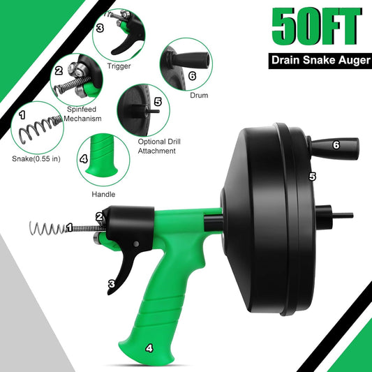 50 Ft Drain Snake, Fast Unclog Snake, Manual & Electric Plumbing Snaker for Shower Sink, Toilet and Kitchen, Drain Auger 50 ft Comes with Gloves and Bag, 1/4 Inch, Green