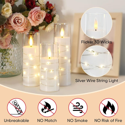 Raycare Flameless Candle with Remote Timer, 3 Flickering Acrylic Battery Operated LED Pillar Candles with Embedded Star String for Christmas, Wedding, Home Table Decor, and as a Gift (Ivory White)