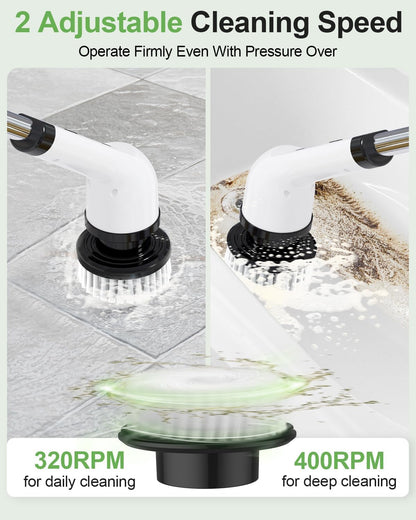 6-in-1 Cordless Electric Spin Scrubber with Long Handle | Power scrubber, bathroom scrubber, 47.2 in long handle, 2 speed scrub brush, IPX7 rated body, kitchen, tile, tub, floor