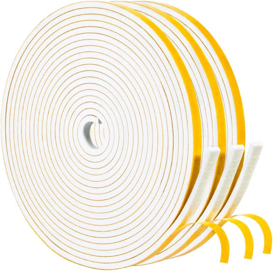 Yotache Weather Stripping Door Seal Strip White 3/8" x1/8", 50Ft Total, Foam Insulation Tape Gasket for Door Frame and Windows, 3 Rolls x 16.5Ft