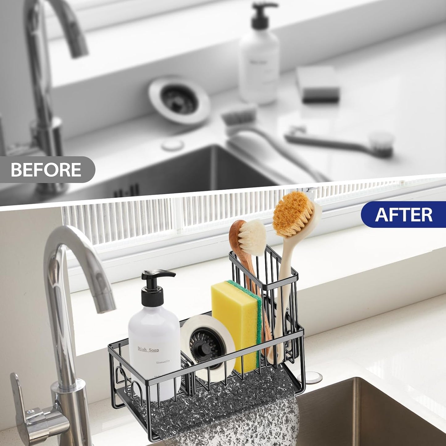 Sinnsally Kitchen Sponge Holder,Sink Caddy Organizer with High Brush Holder,Stainless Steel Sink Box Dish Scrubber Holder,Soap Tray for Kitchen Counter Accessories & Storage Rack(2 Tier - Black)
