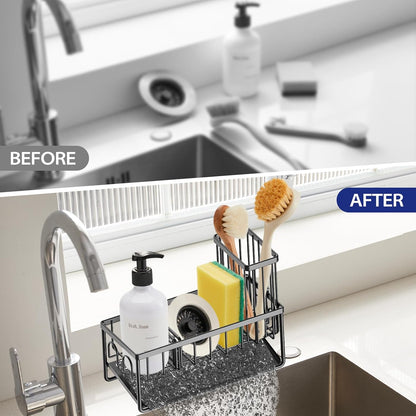 Sinnsally Kitchen Sponge Holder,Sink Caddy Organizer with High Brush Holder,Stainless Steel Sink Box Dish Scrubber Holder,Soap Tray for Kitchen Counter Accessories & Storage Rack(2 Tier - Black)