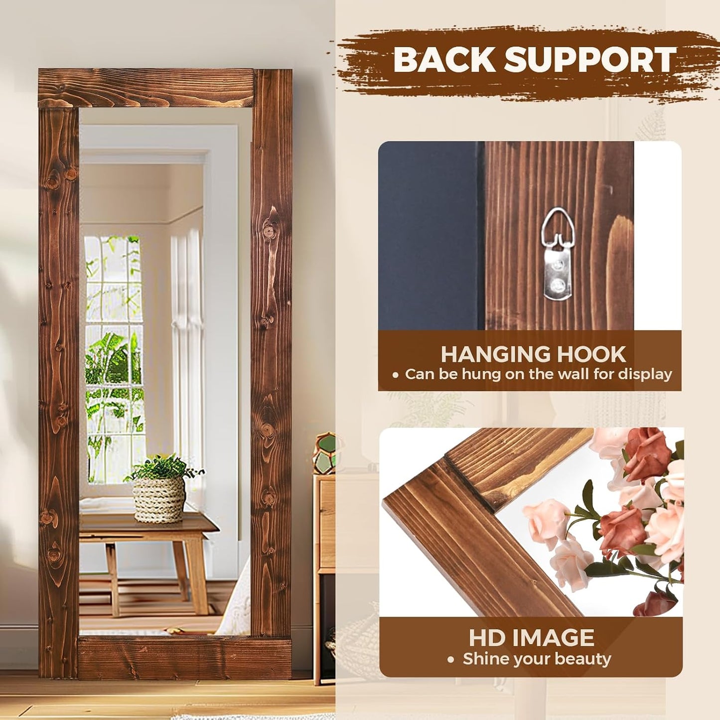 Solid Wood Full Length Mirror - 65"x22" Arched Floor Mirror, Free Standing & Wall Mounted - Elegant Design for Bedroom, Dressing Room, Hallway, Brown