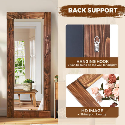 Solid Wood Full Length Mirror - 65"x22" Arched Floor Mirror, Free Standing & Wall Mounted - Elegant Design for Bedroom, Dressing Room, Hallway, Brown