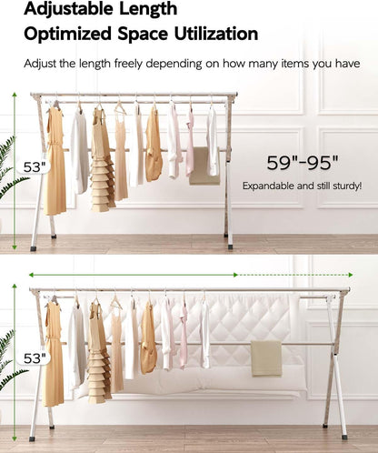 Vikaqi Clothes Drying Rack 79 Inches Folding Indoor Outdoor, Drying Rack Clothing Collapsible, Foldable Laundry Drying Rack, Heavy Duty Stainless Steel Clothesline, Garmet Rack, 20 Hooks 12 Clips
