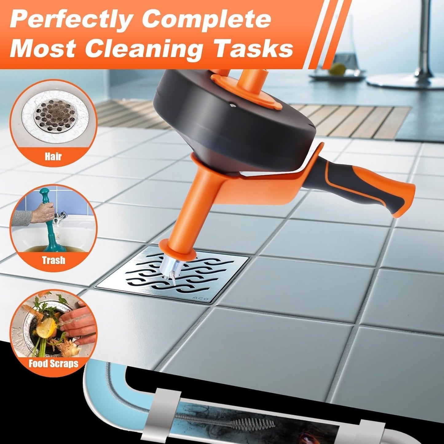 Drain Auger 33ft Drain Clog Remover with Drill Adapter, Flexible Plumbing Snake for Kitchen, Bathroom & Shower Sinks, Hair Clog Remover, Manual or Drill Powered, Full Set Included