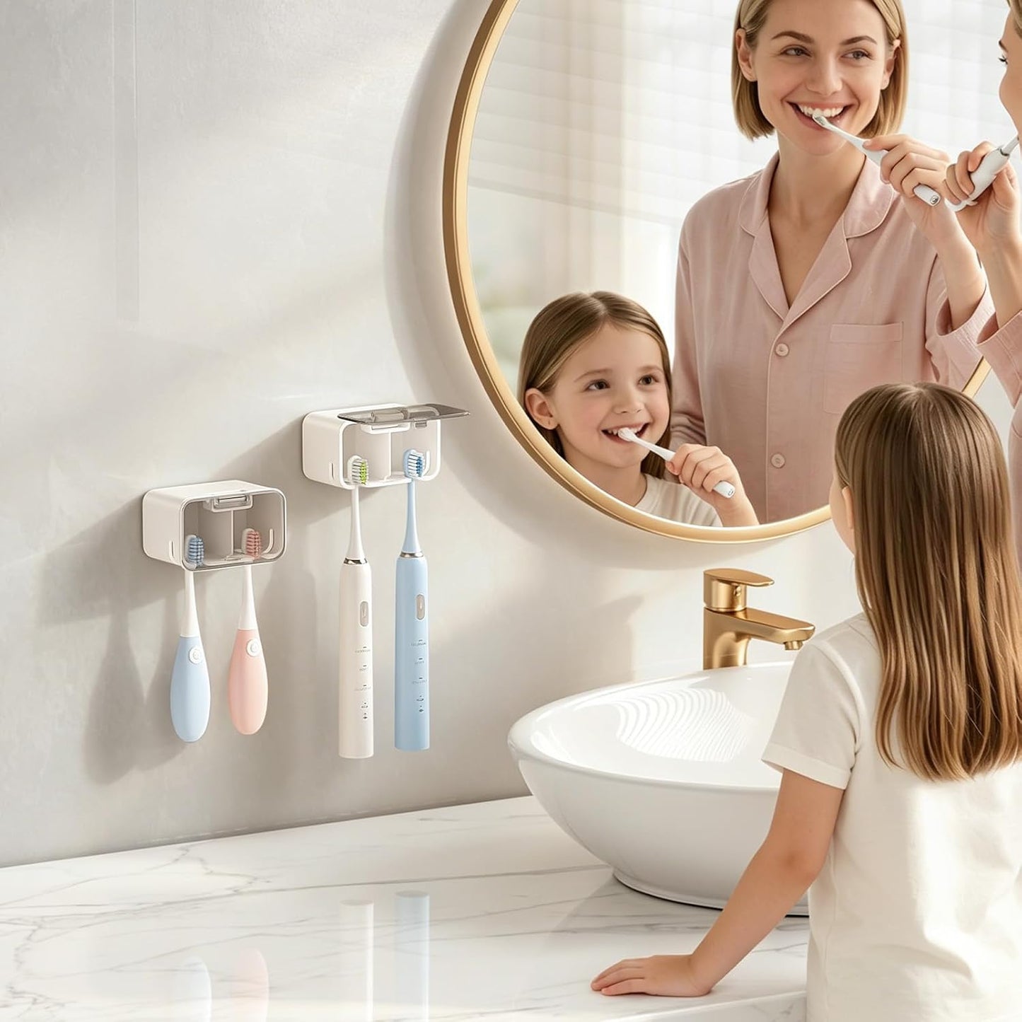 MOPMS Toothbrush Holders for Bathrooms【2 Slot Independent Compartment Design】 2PCS Electric Toothbrush Holder Wall Mounted for Shower, Toothbrush Dispenser Storage Organizer with Cover for Family