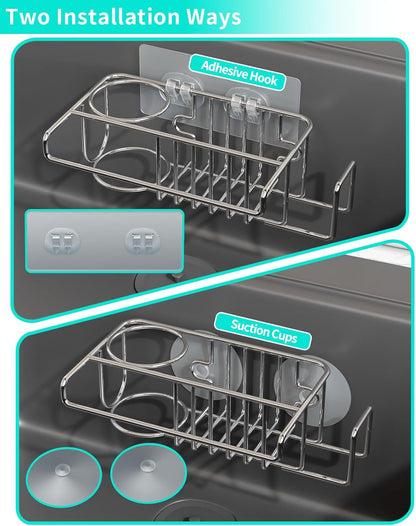 HapiRm 4 in 1 Sink Caddy Sponge Holder, SUS304 Stainless Steel Kitchen Brush Holder and Dish Cloth Hanger, Kitchen Organizers and Storage Essentials - Silver