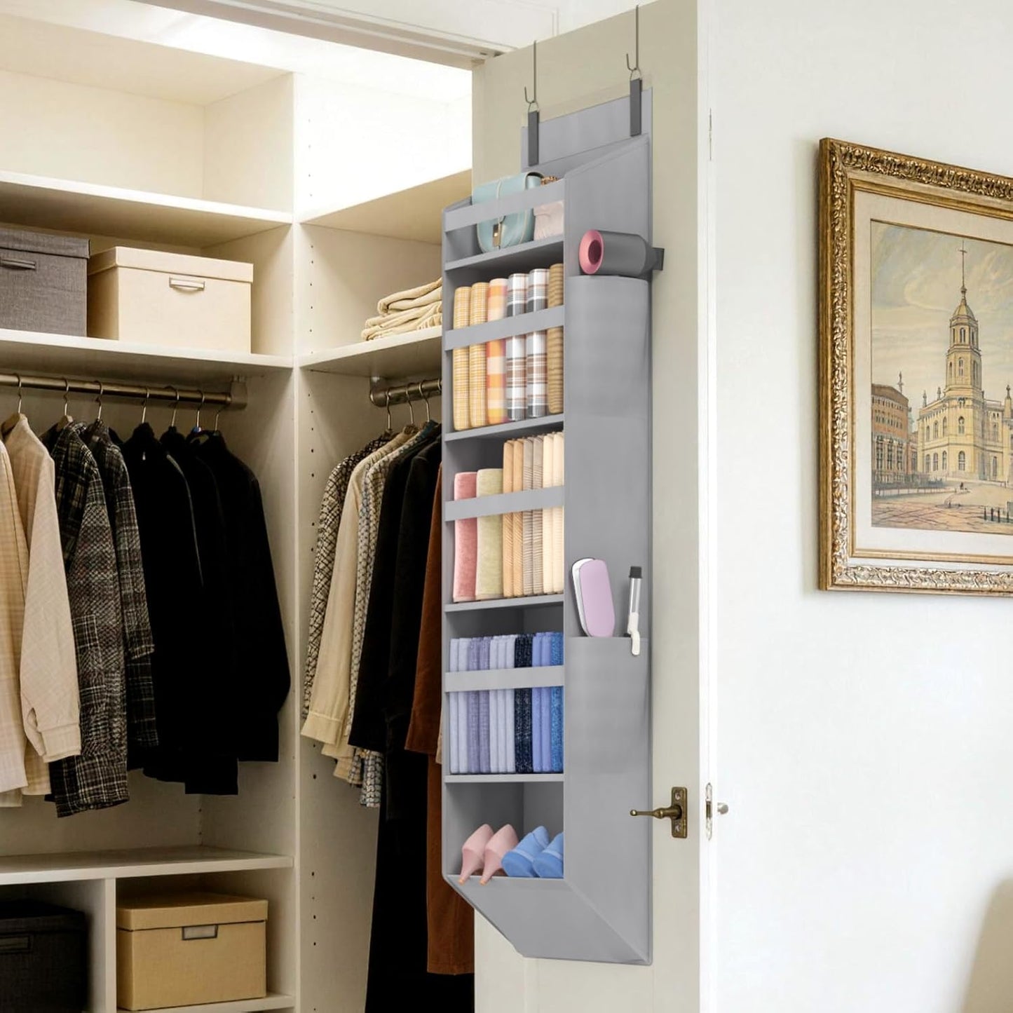 Lifewit 1 Pack Over the Door Organizer, 5 Section Clear Window Hanging Storage with 4 Side Pockets, Sturdy Anti Tilt 40 lbs Load Behind Door for Closet, Bedroom, Bathroom, Nursery, Dorm, Dark Gray