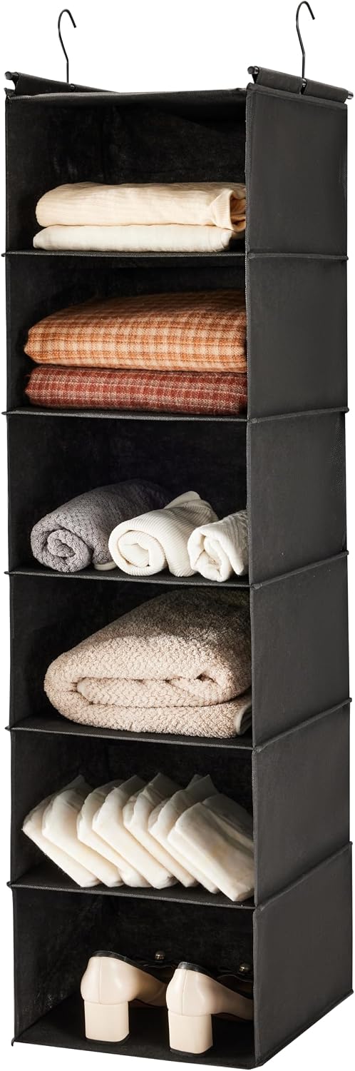 MAX Houser 6 Tier Shelf Hanging Closet Organizer, Closet Hanging Shelf with 2 Sturdy Hooks for Storage, Foldable (Grey)