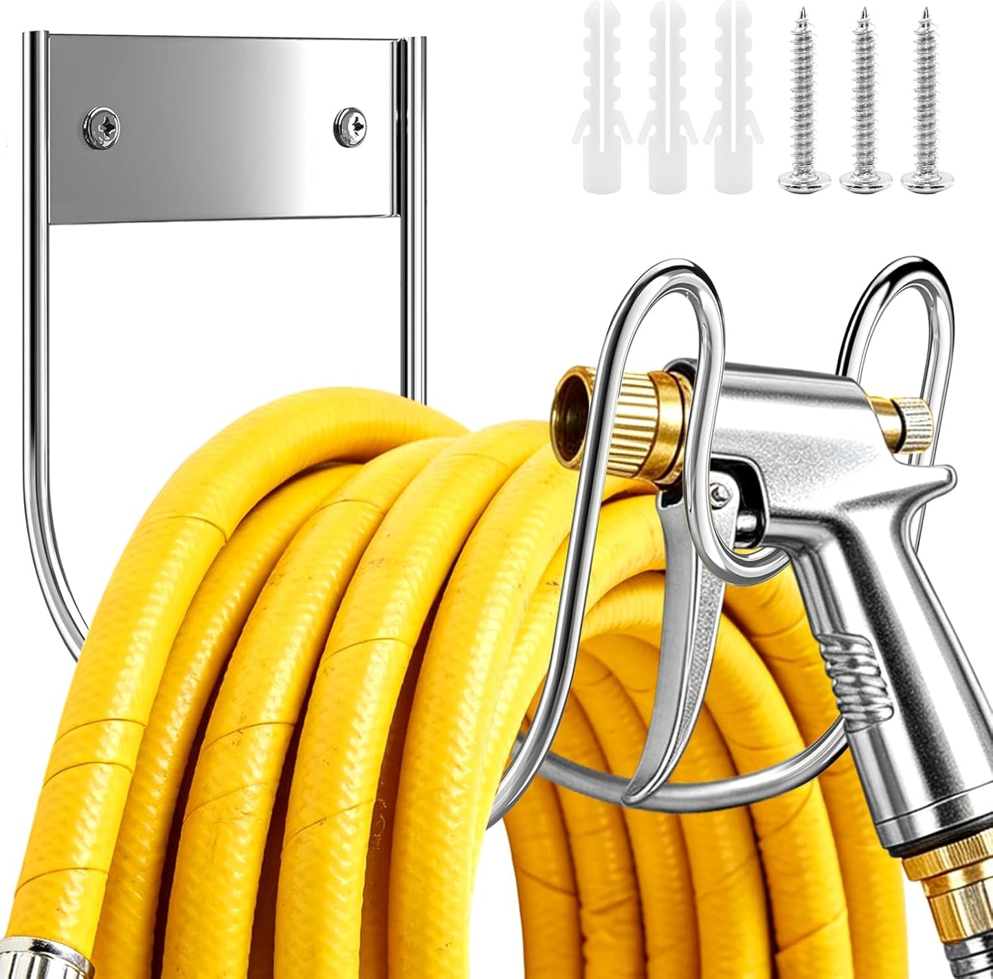 Garden Hose Holder Wall Mount, SS304 Stainless Steel Water Hose Hanger Heavy Duty with Nozzle Groove, 44LB Capacity Outdoor Hose Rack for Extension Cords Vacuum Hose, Silver, 1 Pack