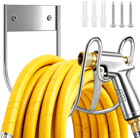 Garden Hose Holder Wall Mount, SS304 Stainless Steel Water Hose Hanger Heavy Duty with Nozzle Groove, 44LB Capacity Outdoor Hose Rack for Extension Cords Vacuum Hose, Silver, 1 Pack