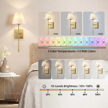 Rechargeable Battery Operated Wall Sconces Set of 2, Black Wireless Fabric Shade Wall Sconce with Remote Control, Dimmable RGB Color Changing Wall Lamp for Bedroom Living Room Hallway, 20.47" Tall