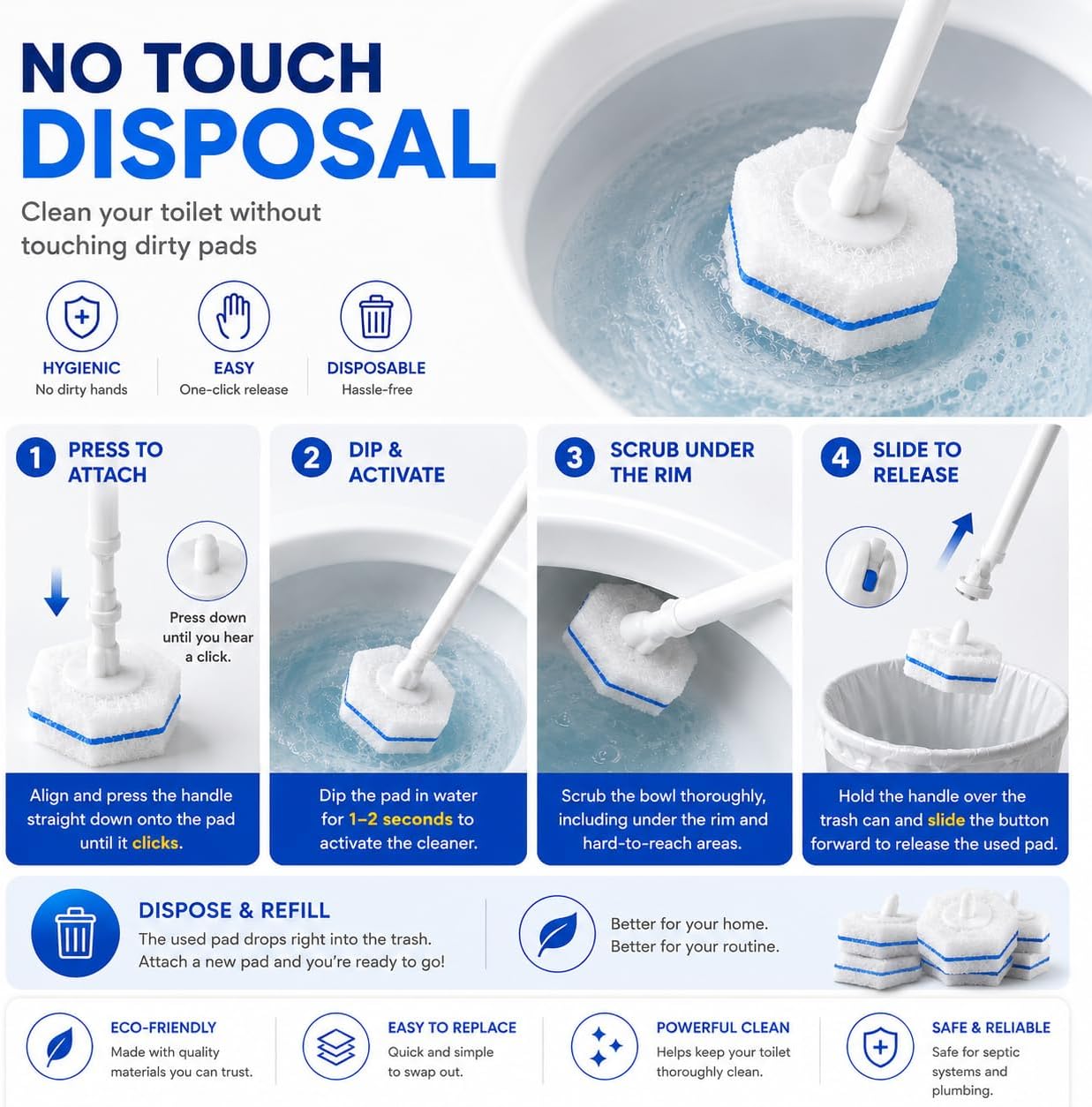 Disposable Toilet Bowl Brush and Holder Set – 40 Refills Included, No-Touch Toilet Wand Cleaning System, Toilet Brush & Holder for Bathroom, Hygienic Toilet Bowl Cleaner Starter Kit