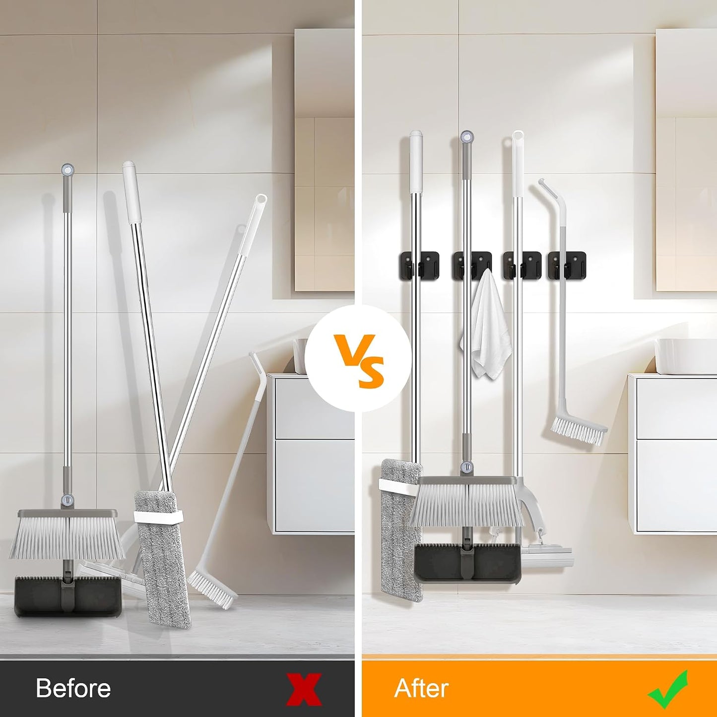 4 Pack Stainless Steel Mop and Broom Gripper with Hook, Screw Drilling or Self Adhesive Mop and Broom Holder Wall Mount, Storage Rack for Closet Laundry Garage Garden Tool Organizer, Silver