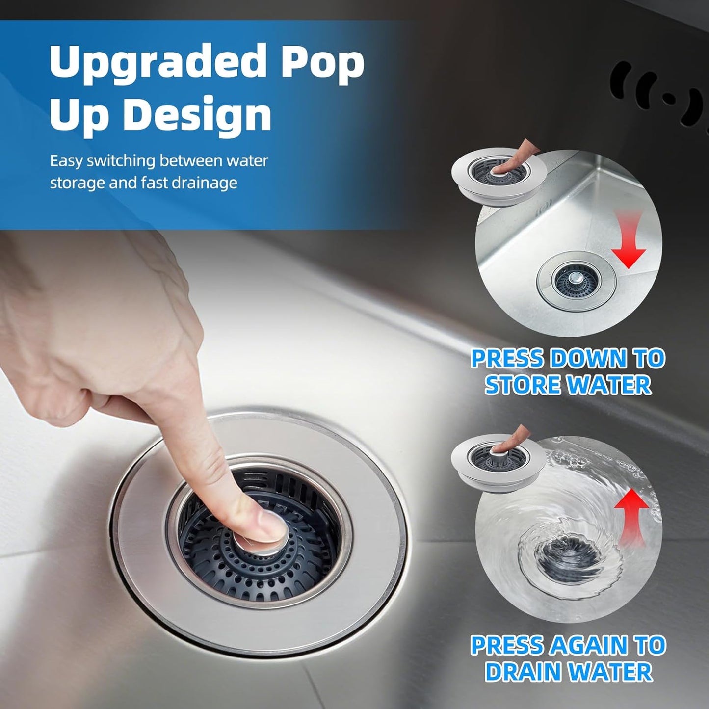 Hibbent Upgraded 3 in 1 Kitchen Sink Drain Strainer, Stainless Steel Pop Up Sink Stopper, Larger Anti-Clogging Basket, 3-Layer Seal, Detachable Drain Plug for US Standard 3-1/2" Drain, Brushed Nickel
