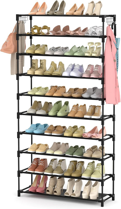 LANTEFUL 10 Tiers Shoe Rack 50 Pairs Large Capacity Tall Shoe Organizer Sturdy Shoe Storage with Two Hooks Space Saving Metal Wide Shoe Rack for Closet, Entryway, Bedroom, Black