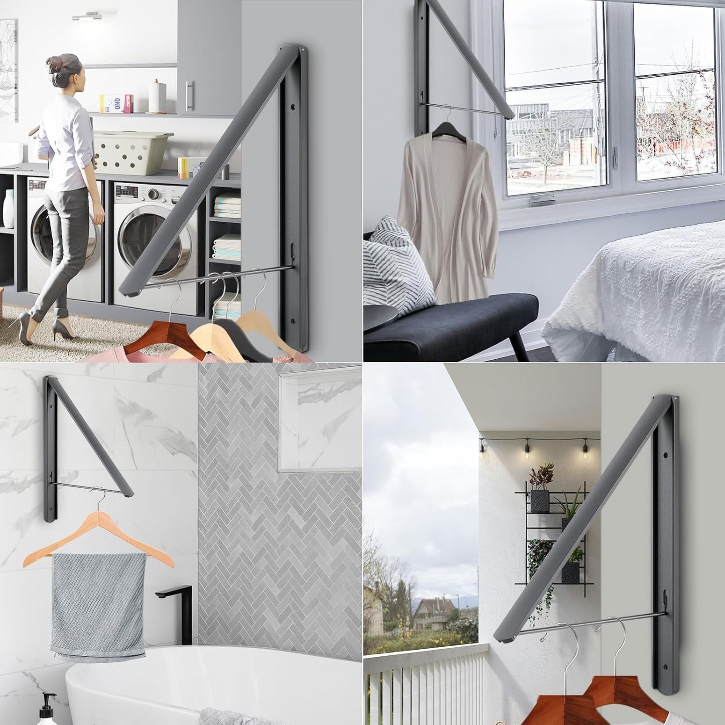 Foldable Clothes Drying Rack, Dark Gray | Wall Mounted, Retractable, 0.43'' Thickness, Space Saving, Aluminum