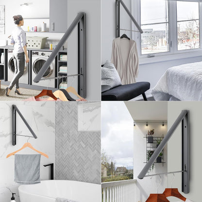 Foldable Clothes Drying Rack, Dark Gray | Wall Mounted, Retractable, 0.43'' Thickness, Space Saving, Aluminum