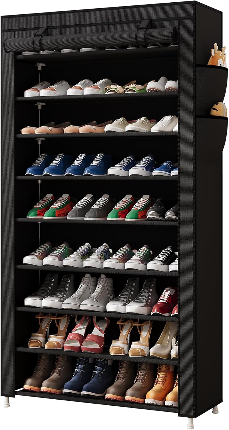Laiensia 9-Tier Vertical Shoe Rack Organizer, Space Saving Shoe Storage Organizer, Non-Woven Cover Shoe Shelf Holds 36-45 Pairs for Bedroom, Hallway, Closet Entryway, Black