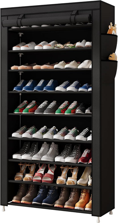 Laiensia 9-Tier Vertical Shoe Rack Organizer, Space Saving Shoe Storage Organizer, Non-Woven Cover Shoe Shelf Holds 36-45 Pairs for Bedroom, Hallway, Closet Entryway, Black