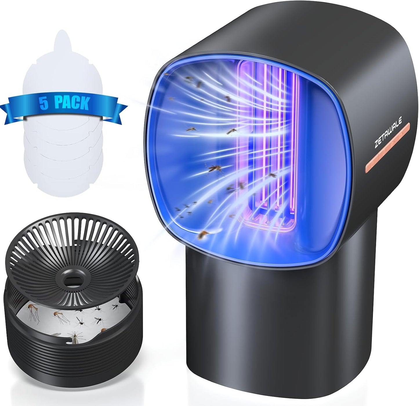 Fruit Fly Traps for Indoors, Gnat and Insects Catcher for House with UV Light, Heat Lure, Fan Suction, Ideal for Kitchen, Patio, Plant Pots, Bedroom, 5 Sticky Pads Included, USB-C Powered